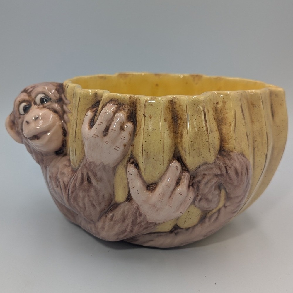 Vintage Studio Art Pottery Ceramic Monkey Catchall Bowl 1970s
